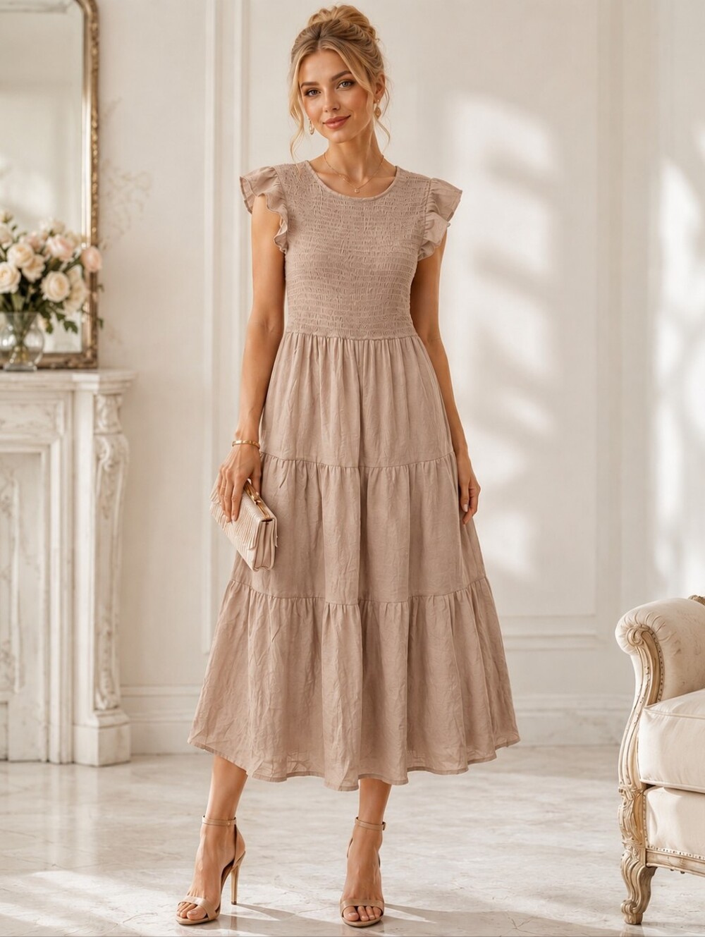 By the River | Tan Taupe Smocked Tiered Midi Dress Flutter Sleeve | Size Medium